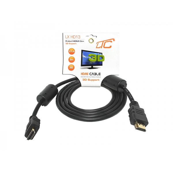 Kabel HDMI-HDMI złoty 19Pin + filtr, 5m Cu HQ
