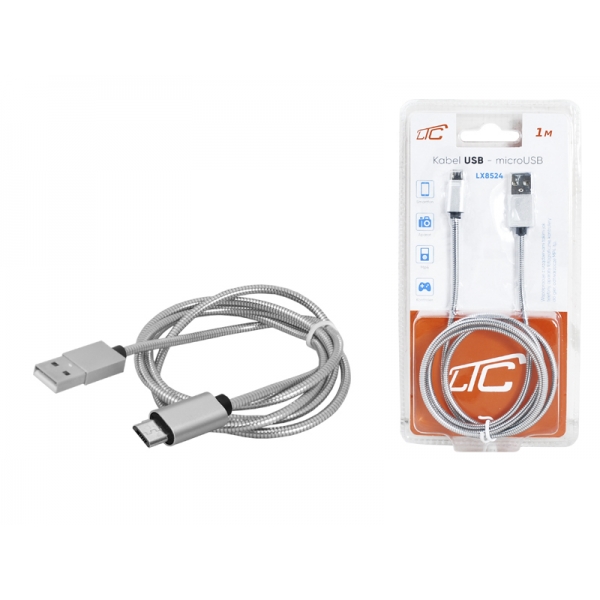 Kabel USB-microUSB 1m, srebrny.