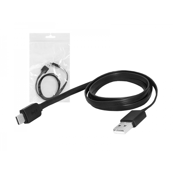Kabel USB - Type-C 1m, płaski, czarny.