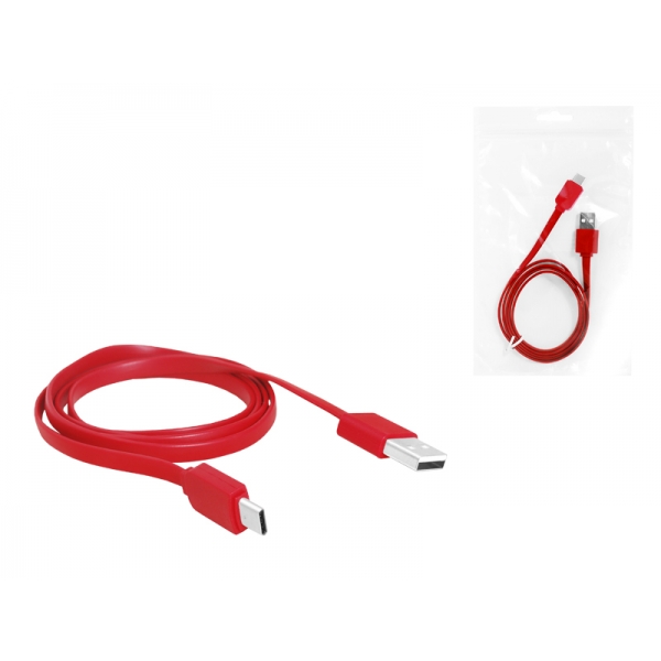 Kabel USB - Type-C 1m, płaski, czerwony.