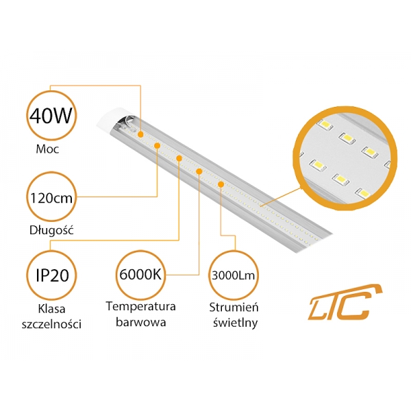 Oprawa sufitowa LTC Slim LED 40W, 120cm, IP20, A+, 230V, 6000K, 3000lm.
