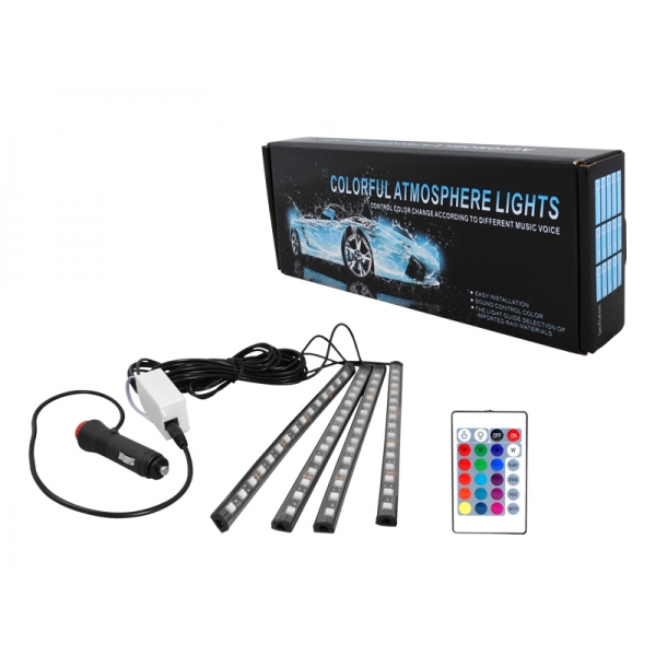 Oświetlenie wnętrza auta/kabiny 4x listwa RGB 15 LED, wodoodoporna + sterownik/pilot/wtyk zapalniczk