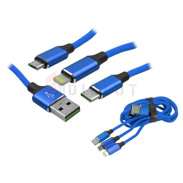 Kabel USB/Type-C/microUSB/Lightning,  3w1, QC 3,4A Somostel Powerline SMS-BW03, niebieski.