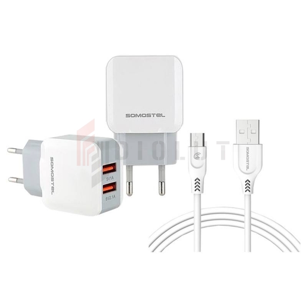 Ładowarka sieciowa Somostel SMS-A13, 2100mA + kabel Micro USB, 2 x USB dual, biała.