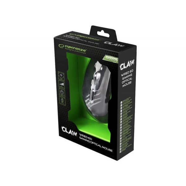 Mysz przewodowa gaming Esperanza Claw EGM209B LED 6D optyczna, zielona.