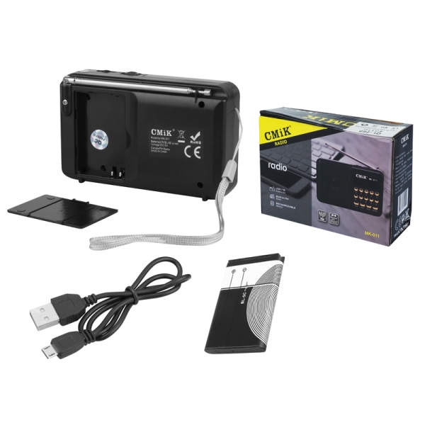 Radio przenośne MK-011 wyświetlacz, USB, MicroSD, AUX z baterią BL-5C i kablem Micro USB, czarne.