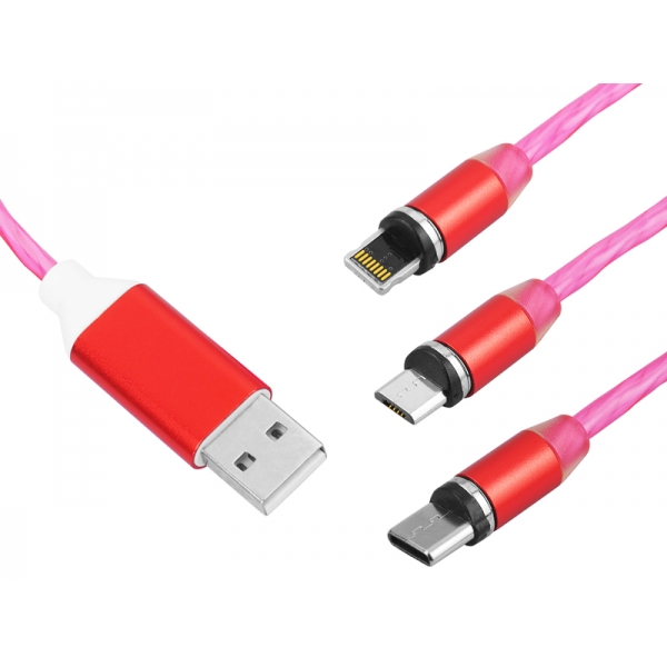 Kabel USB magnetyczny 3w1 red KK21W podświetlenie LED (jasno-czerwony).