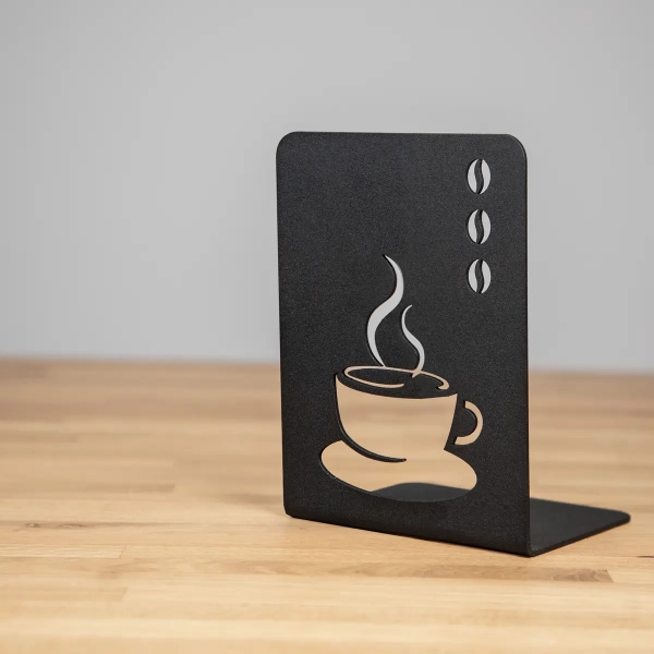 Metalowa podpórka do książek kucharskich z motywem kawy.