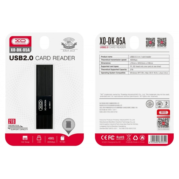 XO czytnik kart 2w1 DK05A USB 2.0 czarny