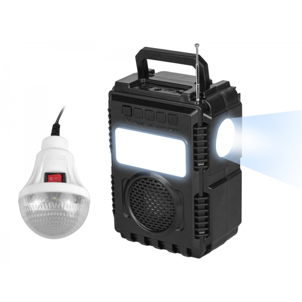 Solar Lighting System VR-566,Głośnik bluetooth,FM,TF ,USB,latarka 1-LED+COB ,żarówka 8-LED z kablem