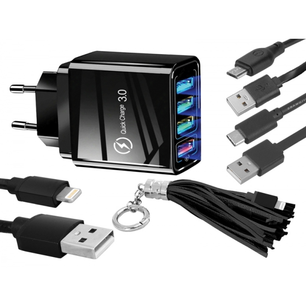 Zestaw:ładowarka 4xUSB QC 3.0+kabel USB-C+kabel Micro USB+brelok USB-Iphone