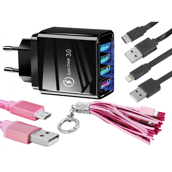 Zestaw:ładowarka 4xUSB QC+kabel USB-iPHONE+brelok Micro USB