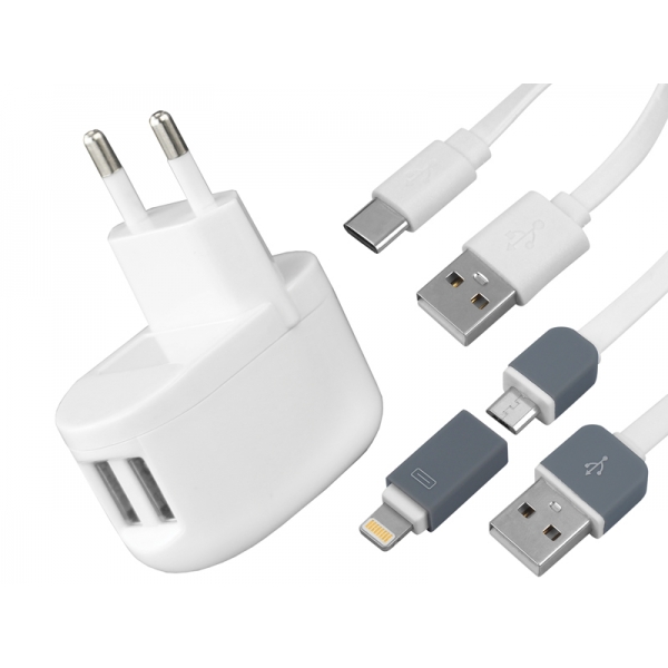 Zestaw:ładowarka 2xUSB 2A+kabel USB-C+kabel Micro USB/Iphone