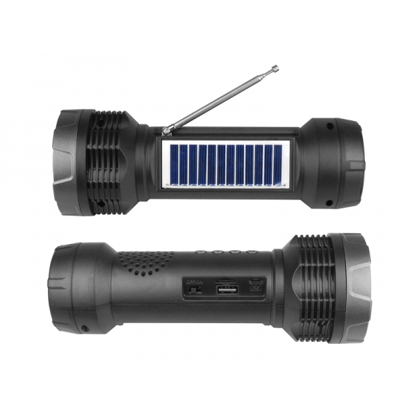 Wielofunkcyjna latarka 1-LED z panelem solarnym, radio FM ,głośnik bluetooth,USB,MicroSD