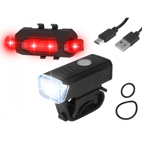 Zestaw lamp rowerowych HY025 z akumulatorem ,przód 1-LED 3 stopnie świecenia, tył 5-LED ,kabel Micro