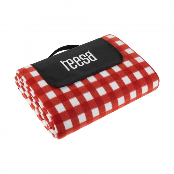 Koc piknikowy w czerwono-białą kratkę marki Teesa.