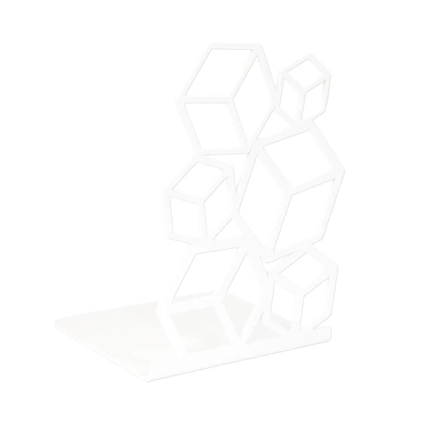 Biała metalowa podpórka do książek w kształcie sześcianów 3D